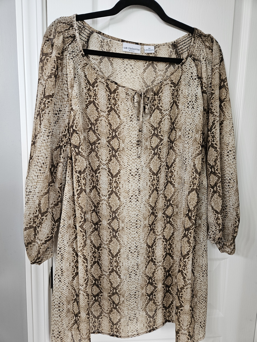 Liz Claiborne Beige and Brown Snake Print Peasant Top